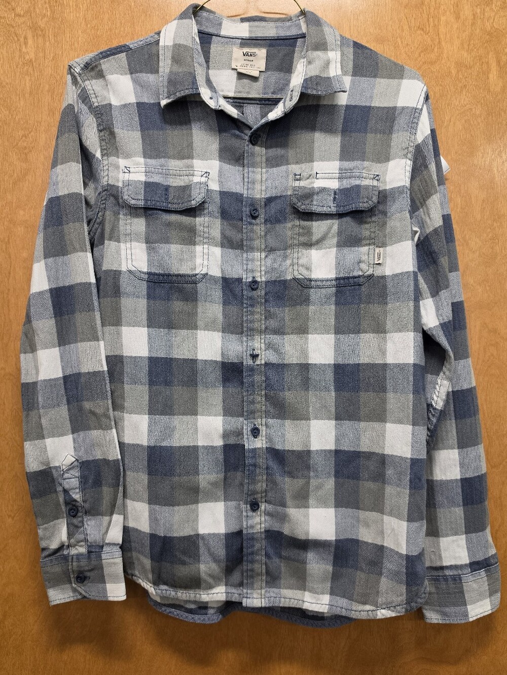 Vans Men's Blue and Gray Plaid Button-Up Shirt